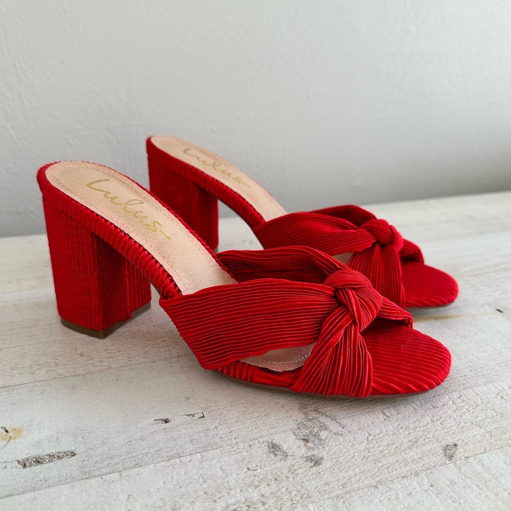 Lulu’s Asher Red Fabric Knotted High Heel Sandals sz: 7.5
